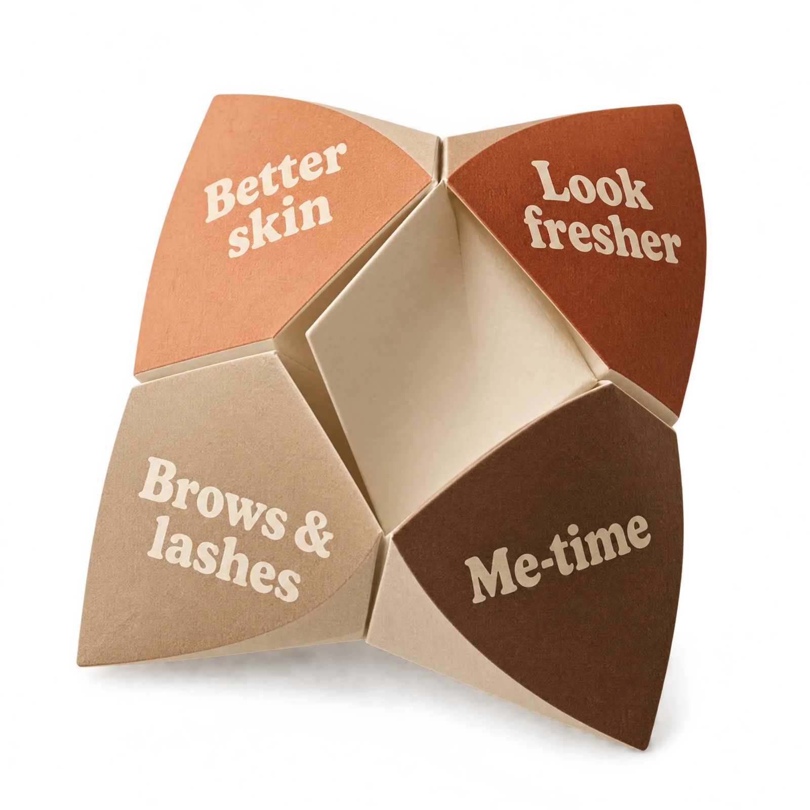 A paper fortune teller with four flaps: Better skin, Look fresher, Brows & lashes and Me-time